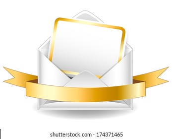 VIP invitation. Vector illustration. Festive envelope with golden ribbon and blank postcard with golden frame. 