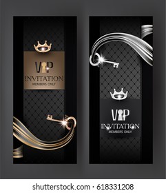 VIP invitation vertical banners with key on striped ribbon. Vector illustration