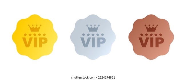 Etiqueta de vídeo, insignia o etiqueta. Vip iconos con corona y estrellas. Etiqueta redonda con tres niveles vip en color oro, plata y bronce. Ilustración vectorial moderna