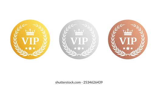 Etiqueta, crachá ou etiqueta do Vip. Ícones vip com coroa e estrelas. Rótulo redondo com três níveis vip em ouro, prata e bronze.