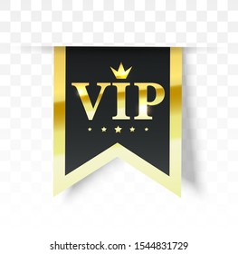 Vip label, badge or tag. Vector black banner with gold vip text. Vector illustration