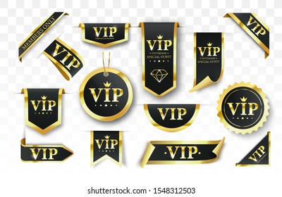 Vip label, badge or tag. Vector black banner with gold vip text. Vector illustration