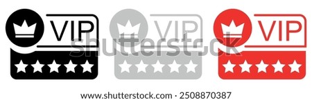 VIP label in Black, gray and Red color. Vip icon with crown and stars. Vector Illustration isolated on white background.