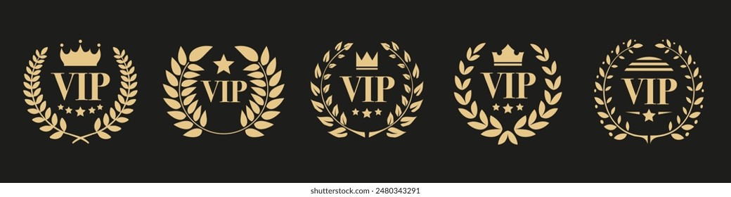 VIP label collection with laurel wreath, crown and stars. Luxury VIP emblem icons. Set of VIP user and premium member pass