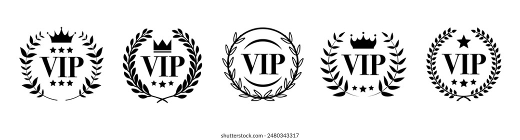 VIP label collection with laurel wreath, crown and stars. Luxury VIP emblem icons. Set of VIP user and premium member pass