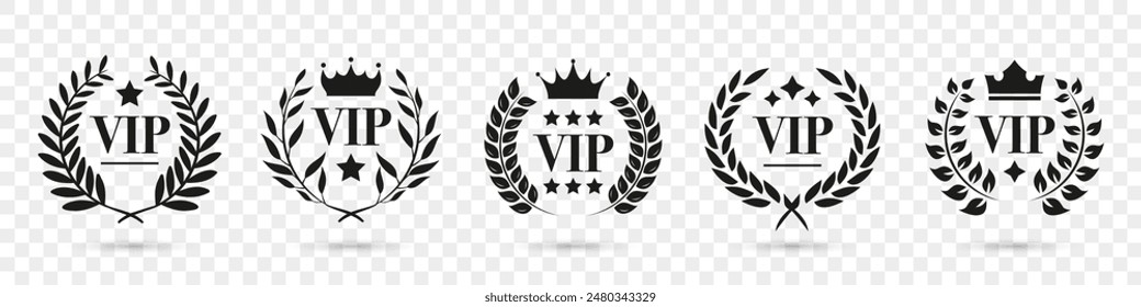 VIP label collection with laurel wreath, crown and stars. Luxury VIP emblem icons. Set of VIP user and premium member pass