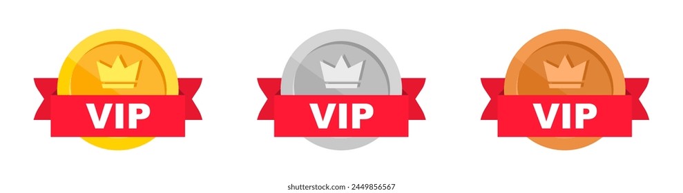 VIP label in gold, silver and bronze color. Vip icon with crown and stars. Vector sign.