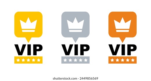 VIP label in gold, silver and bronze color. Vip icon with crown and stars. Vector sign.