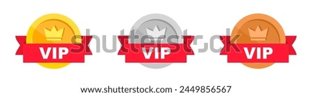 VIP label in gold, silver and bronze color. Vip icon with crown and stars. Vector sign.