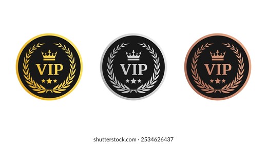 Rótulo VIP. Ícones VIP com coroa e estrelas. Rótulo redondo com três níveis vip em ouro, prata e bronze.