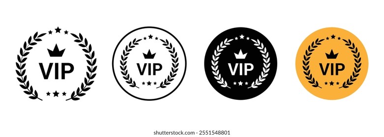 VIP label. VIP icons with crown and stars.  Round label with three VIP level. Very important person labels. VIP vector icons. Premium and Luxury symbols.