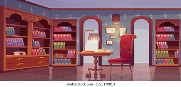 Vip library, luxury interior, empty room for reading with books stand on wooden bookcase shelves, cozy armchair and table with glowing lamp in center of athenaeum place. Cartoon vector illustration