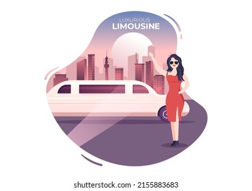 VIP Limousine Car of Red Carpet for Celebrity Superstar Walk with Night City Landscape View in Flat Cartoon Illustration