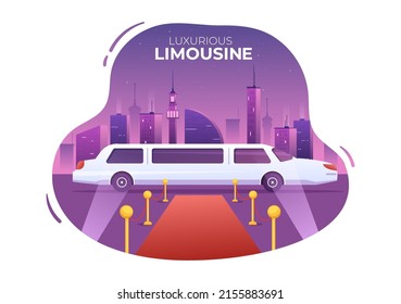 VIP Limousine Car of Red Carpet for Celebrity Superstar Walk with Night City Landscape View in Flat Cartoon Illustration