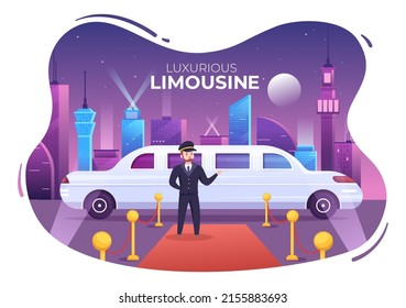 VIP Limousine Car of Red Carpet for Celebrity Superstar Walk with Night City Landscape View in Flat Cartoon Illustration - Shutterstock ID 2155883693