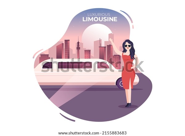 VIP\
Limousine Car of Red Carpet for Celebrity Superstar Walk with Night\
City Landscape View in Flat Cartoon\
Illustration