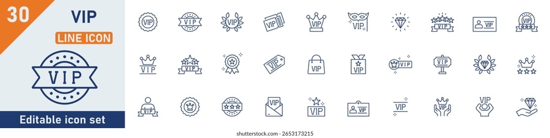 Ícone de linha VIP definido. Conjunto de 30 ícones de contorno relacionados ao exclusivo, coroa, cartão vip, benefício, melhor, serviço VIP, diamante e outros. Traçado editável. Ilustração vetorial.