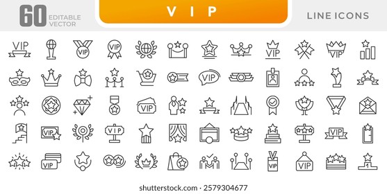 VIP line icon set. Prize, reward, incentive, coupon, reward, card, profit, star, gift, List, Red Carpet, VIP, card sketch, service, membership, quality line icon set. UI thin line icon pack.