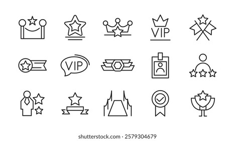 VIP line icon set. Prize, reward, incentive, coupon, reward, card, profit, star, gift, List, Red Carpet, VIP, card sketch, service, membership, quality line icon set. UI thin line icon pack.