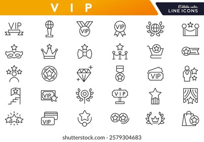 VIP line icon set. Prize, reward, incentive, coupon, reward, card, profit, star, gift, List, Red Carpet, VIP, card sketch, service, membership, quality line icon set. UI thin line icon pack.