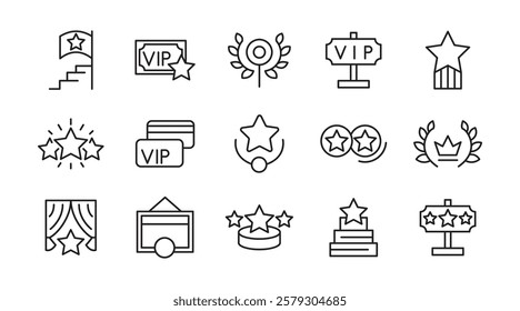 VIP line icon set. Prize, reward, incentive, coupon, reward, card, profit, star, gift, List, Red Carpet, VIP, card sketch, service, membership, quality line icon set. UI thin line icon pack.