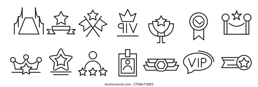 Conjunto de iconos de línea VIP. Premio, recompensa, incentivo, Cupón, recompensa, tarjeta, ganancia, estrella, regalo, lista, alfombra roja, VIP, boceto de tarjeta, servicio, membresía, conjunto de iconos de línea de calidad. Paquete de iconos de línea delgada de interfaz de usuario.
