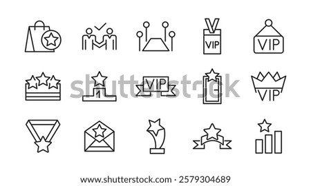 VIP line icon set. Prize, reward, incentive, coupon, reward, card, profit, star, gift, List, Red Carpet, VIP, card sketch, service, membership, quality line icon set. UI thin line icon pack.