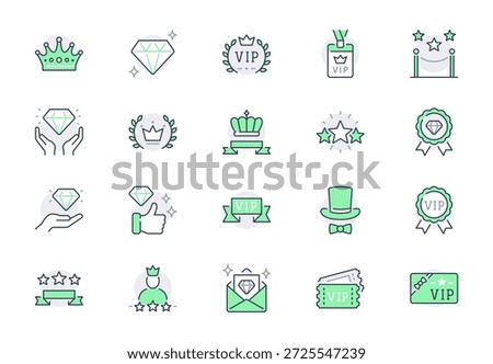 VIP line icon set. Vector illustration include icon - benefit, ribbon, diamond, quality, crown, laurel, victory, star outline pictogram for privilege person program. Green Color, Editable Stroke.