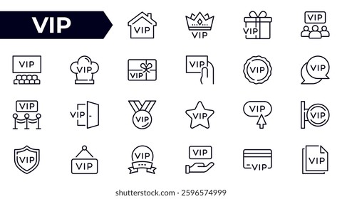 VIP line icon set. Very important person. Royalty and exclusivity. Outline icon collection. Conceptual pictogram and infographic.