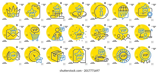 Vip line icons. Casino chips, very important person, delivery parcel. Certificate, player table, vip buyer icons. Crown, casino ticket, business class flight. Membership privilege. Vector