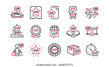 Vip line icons set. Casino chips, Certificate, delivery parcel. Very important person, player table, vip buyer icons. Crown, casino ticket, business class flight. Membership privilege. Vector