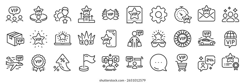 Ícones de linha do Vip. Configurações engrenagem, mensagem, ícones de inflação. Chips de casino, pessoa muito importante, entrega de pacote. Ícones de certificado, tabela do player, comprador vip. Vetor