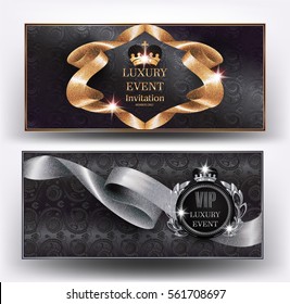 VIP Luxus Event elegante Banner mit Seidenkrautbändern und floralem Design Hintergrund. Vektorgrafik