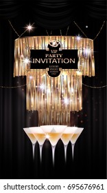 VIP luxury event invitation card with sparkling hanging lamp, glasses of champagne and garlands. Vector illustration