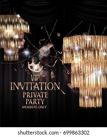 VIP luxury event invitation card with sparkling hanging lamps, confetti and garlands. Vector illustration