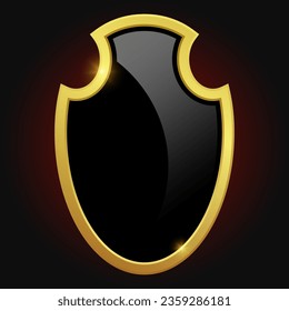 VIP luxury logo design element. Black shield with glossy bright golden frame isolated on red background. Vector clipart illustration.