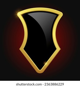 VIP luxury logo design element. Black shield with glossy bright golden frame isolated on red background. Vector clipart illustration.