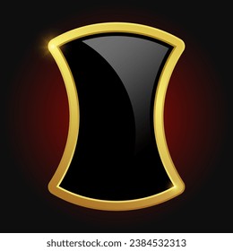 VIP luxury logo design element. Black shield with glossy bright golden frame isolated on red background. Vector clipart illustration.