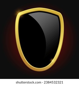Elemento de diseño de logotipo de lujo VIP. Escudo negro con brillante marco dorado aislado sobre fondo rojo. Ilustración del cliente vector.