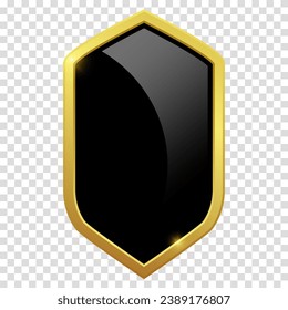 VIP luxury logo design element. Logotype medieval. Coat metal icon sign. Black shield with glossy bright golden frame. Vector clipart illustration. Transparent background.