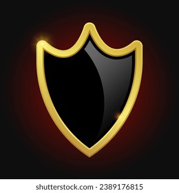 VIP luxury logo design element. Black shield with glossy bright golden frame isolated on red background. Vector clipart illustration.