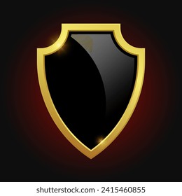 VIP luxury logo design element. Black shield with glossy bright golden frame isolated on red background. Vector clipart illustration.