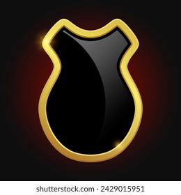 VIP luxury logo design element. Black shield with glossy bright golden frame isolated on red background. Vector clipart illustration.