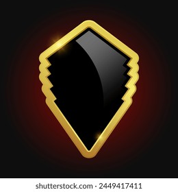 VIP luxury logo design element. Black shield with glossy bright golden frame isolated on red background. Vector clipart illustration.
