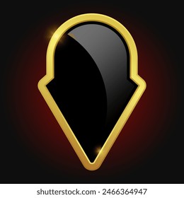 VIP Luxus Logo Design Element. Schwarzes Schild mit glänzendem goldenen Rahmen isoliert auf rotem Hintergrund. Vektorgrafik Clipart Illustration.