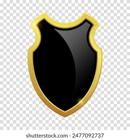 VIP luxury logo design element. Black shield with glossy bright golden frame. Vector clipart illustration. Transparent background.