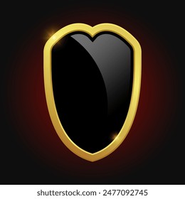 VIP luxury logo design element. Black shield with glossy bright golden frame isolated on red background. Vector clipart illustration.