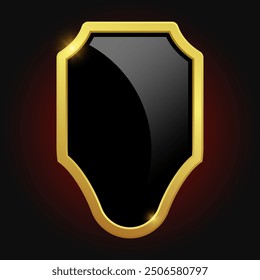 VIP luxury logo design element. Black shield with glossy bright golden frame isolated on red background. Vector clipart illustration.