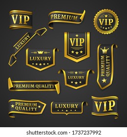 VIP, Luxury, Premium Quality Labels Design Set. Emblems, Badges In Gold And Black Colors With Crown, Stars For Prestige, Exclusive Products, Services. Vector Vip Labels Illustration Collection.