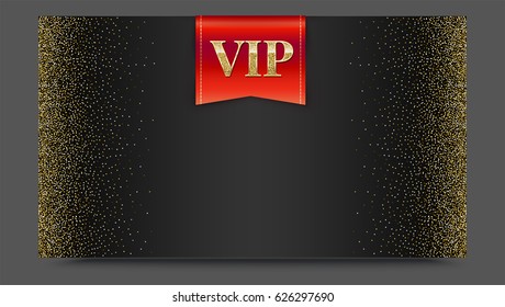 VIP or luxury red flag on black gradient backdrop with golden, shiny, glitter dust. Metallic pattern. Horizontal picture frame. Template for advertisement, VIP or luxury card, selling banner, cover.